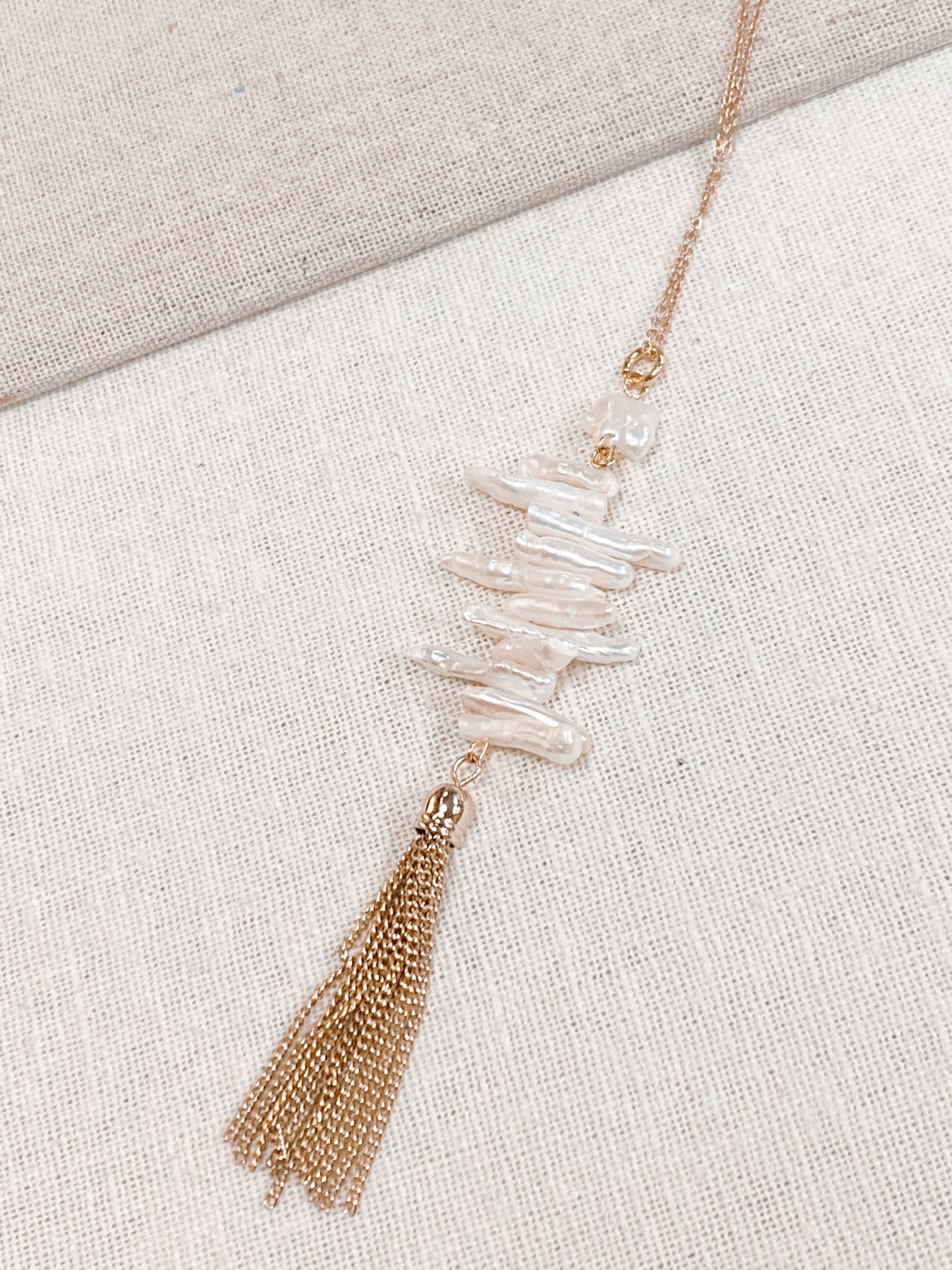 Gracie Rose Designs - Bohemian Romantic Gold Keshi Pearl Tassel Pendant Necklace