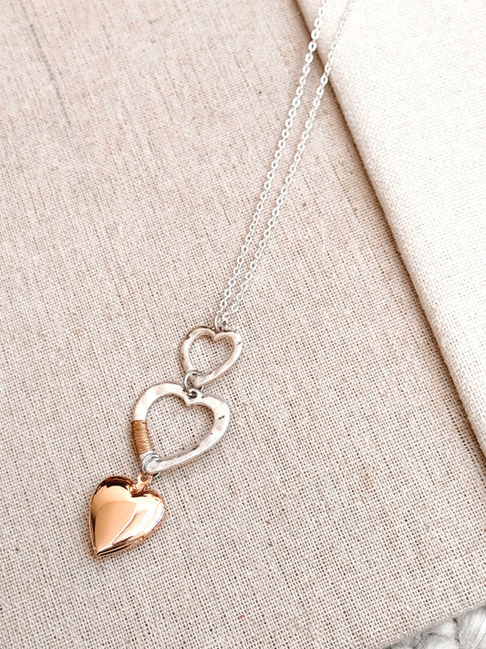 Gracie Rose Designs - Two Tone Wire Wrapped Heart Locket Long Pendant Necklace