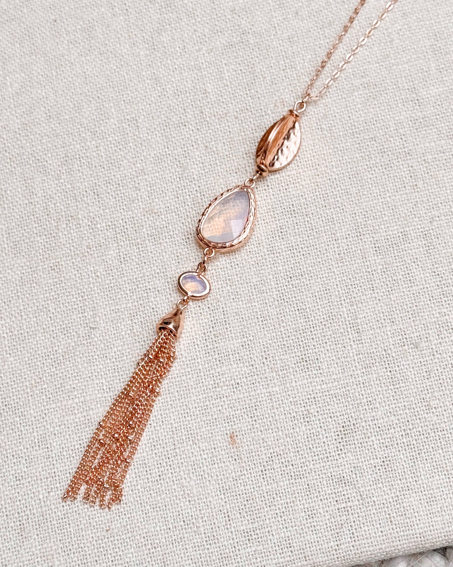 Gracie Rose Designs - Spring Boho Rose Gold Opal Glass Tassel Pendant Necklace