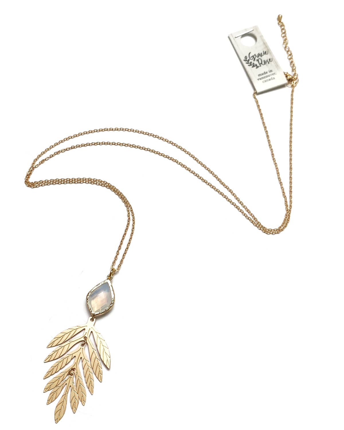 Gracie Rose Designs - Romantic Nature Matte Gold Opal Glass Leaf Pendant Necklace