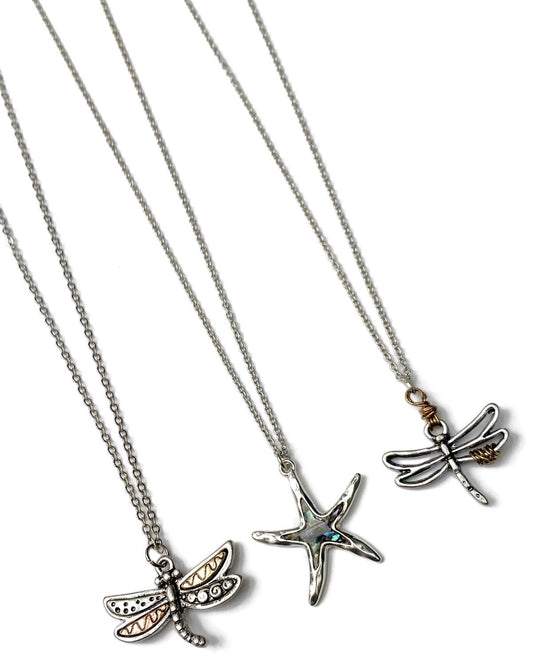 Gracie Rose Designs - Mixed Metals Dragonfly & Starfish Charm Necklaces Set of 3