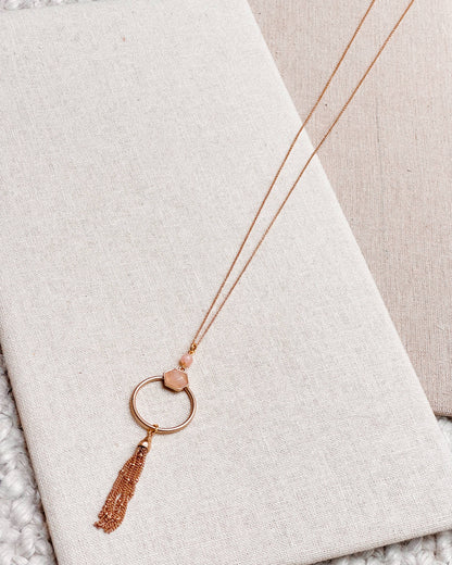 Gracie Rose Designs - Geometric Matte Gold Rose Quartz Tassel Pendant Necklace