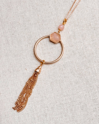 Gracie Rose Designs - Geometric Matte Gold Rose Quartz Tassel Pendant Necklace
