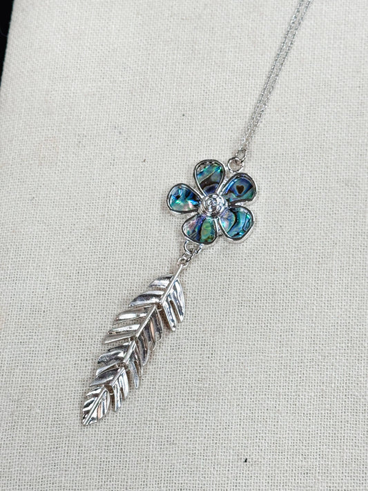 Gracie Rose Designs - Rhodium Flower Abalone Inlay Feather Pendant Necklace
