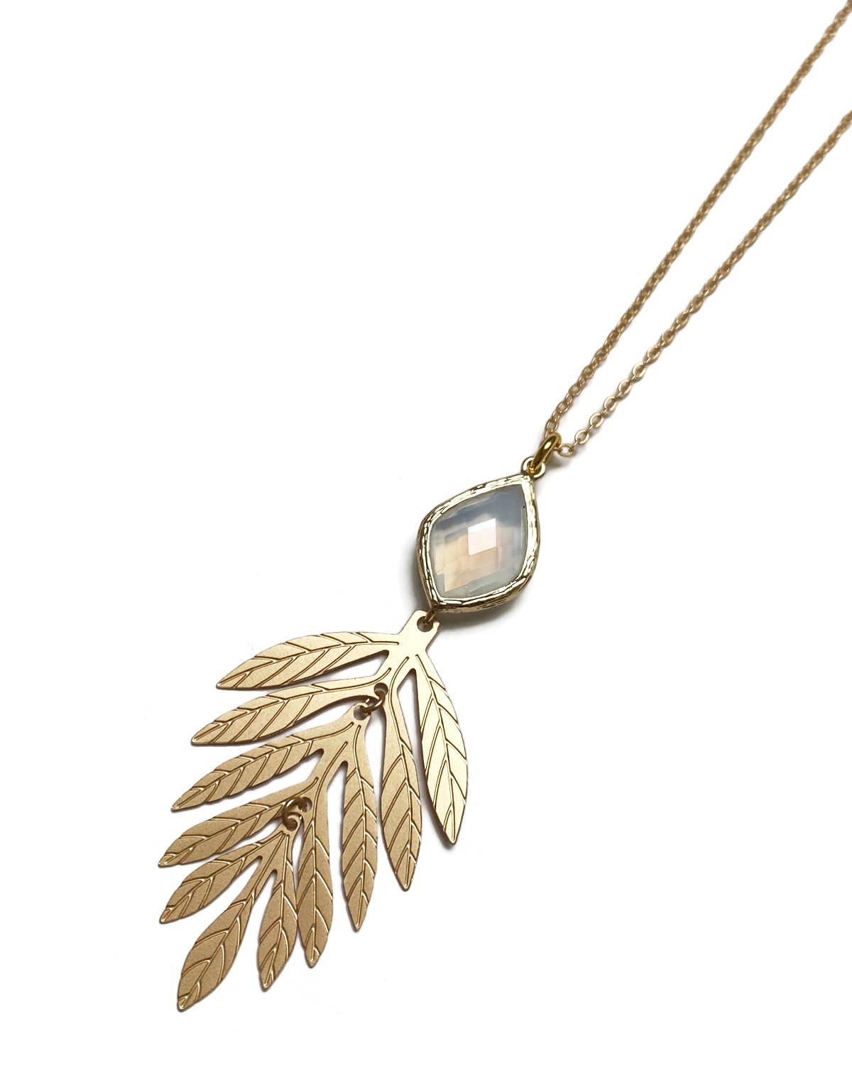 Gracie Rose Designs - Romantic Nature Matte Gold Opal Glass Leaf Pendant Necklace