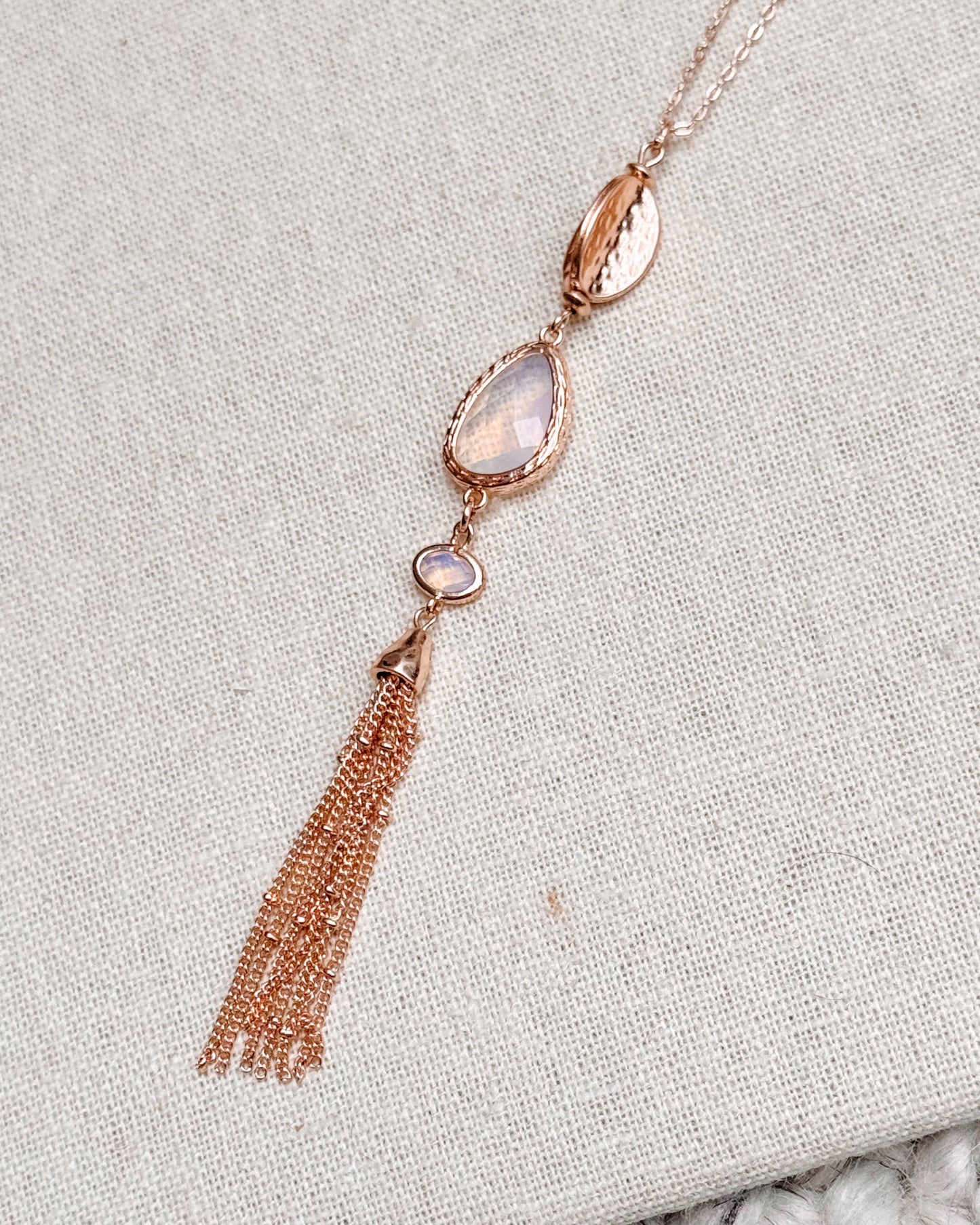 Gracie Rose Designs - Spring Boho Rose Gold Opal Glass Tassel Pendant Necklace