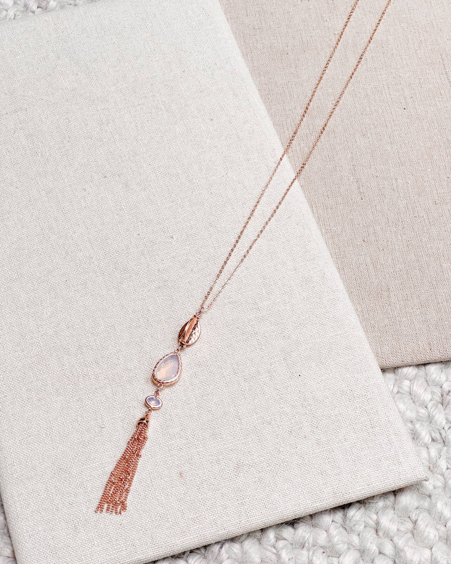 Gracie Rose Designs - Spring Boho Rose Gold Opal Glass Tassel Pendant Necklace