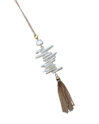 Gracie Rose Designs - Bohemian Romantic Gold Keshi Pearl Tassel Pendant Necklace