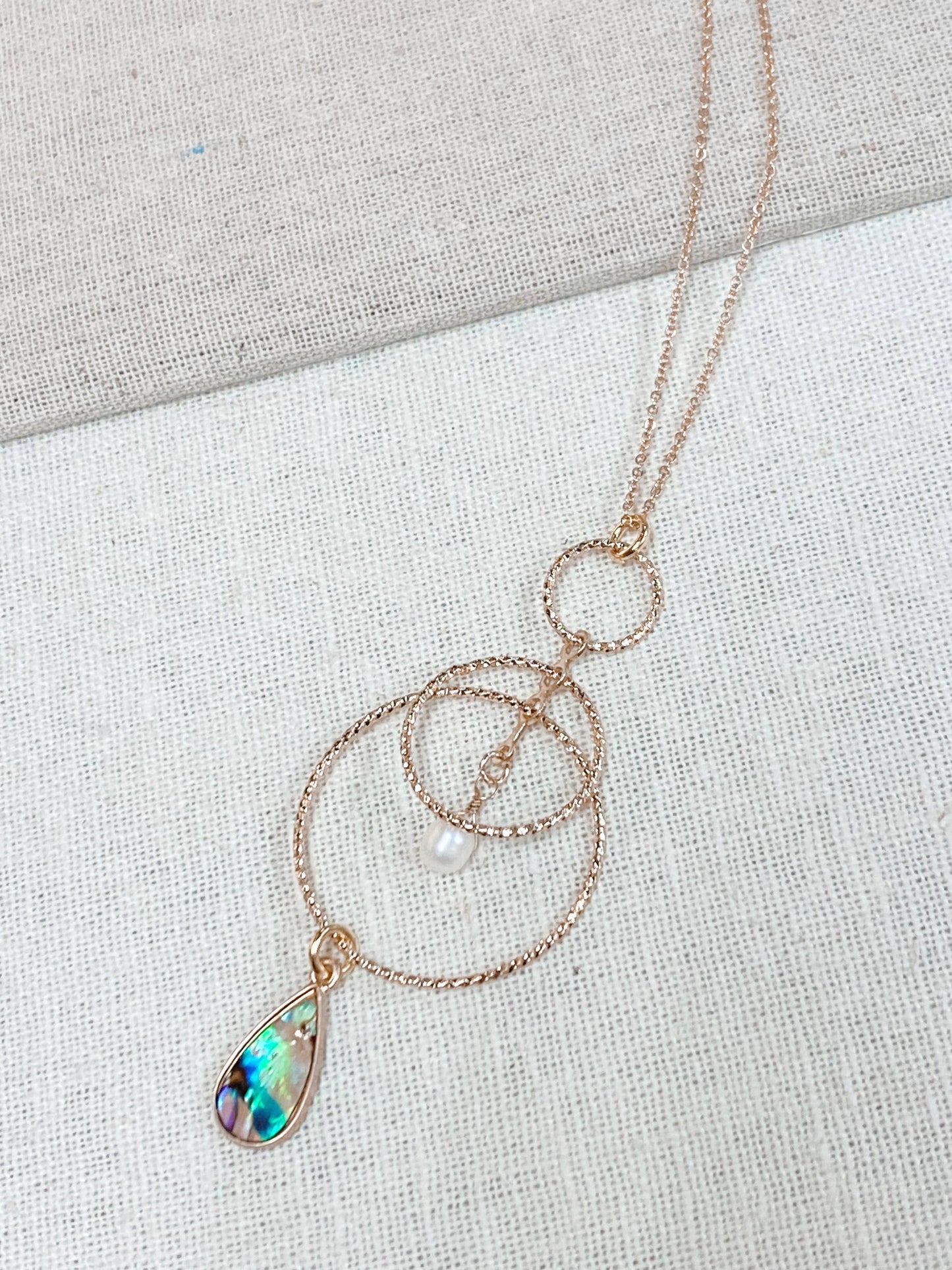 Gracie Rose Designs - Freshwater Pearl & Abalone Inlay Drop Pendant Long Necklace: Gold