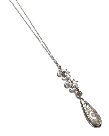 Gracie Rose Designs - Long Silver Flowers Moonstone Pendant Layering Necklace