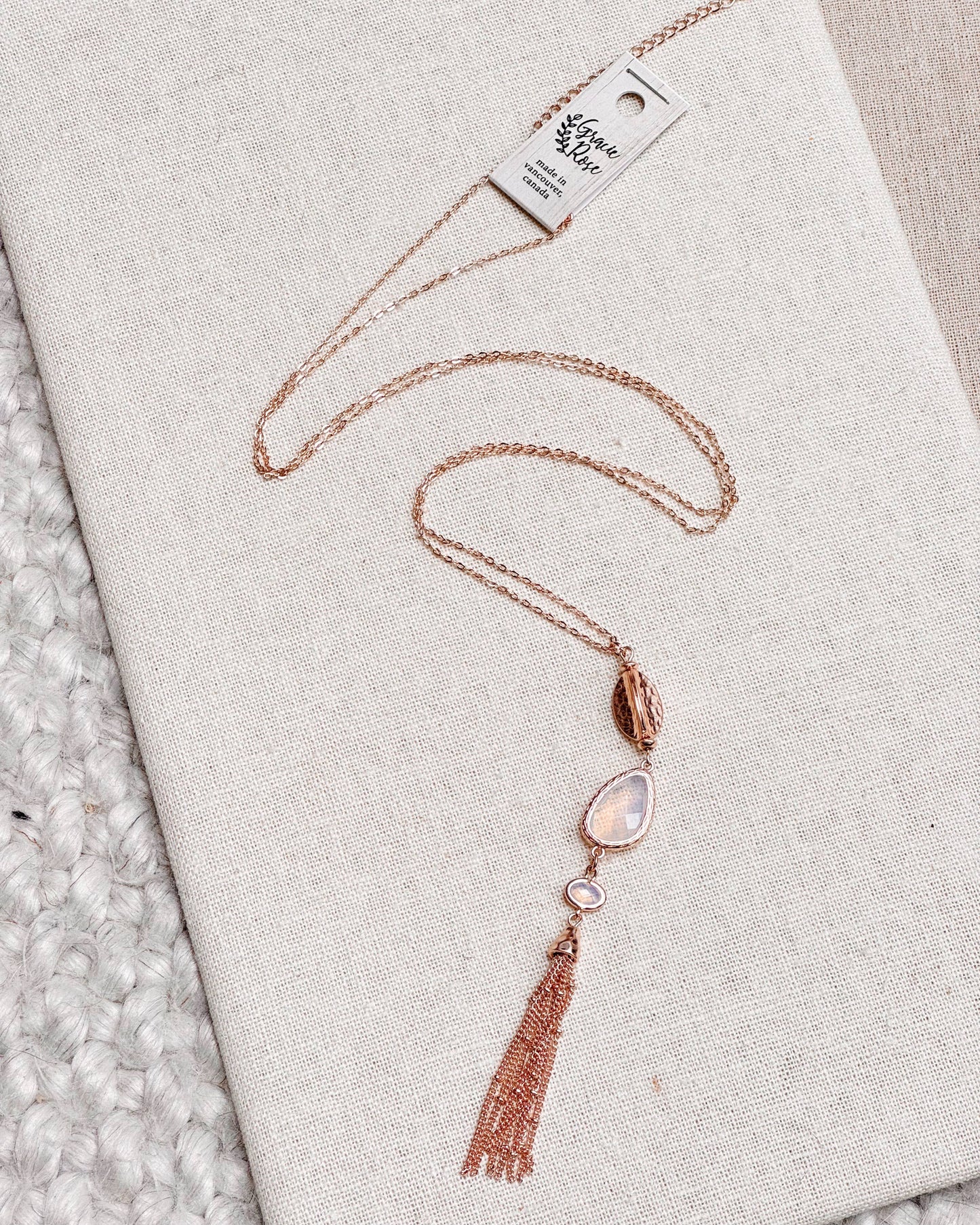 Gracie Rose Designs - Spring Boho Rose Gold Opal Glass Tassel Pendant Necklace