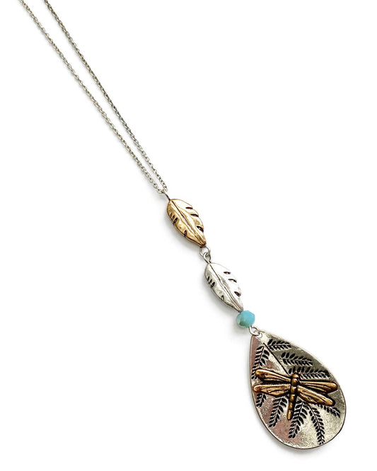 Gracie Rose Designs - Antique Mixed Metals Dragonfly Teardrop Pendant Necklace
