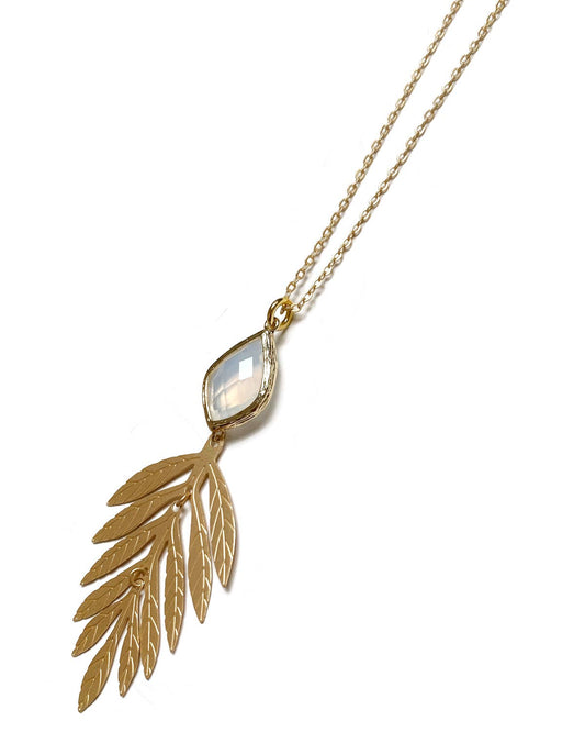 Gracie Rose Designs - Romantic Nature Matte Gold Opal Glass Leaf Pendant Necklace