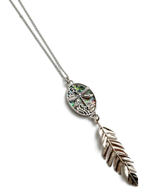 Gracie Rose Designs - Rhodium Dragonfly Abalone Inlay Feather Pendant Necklace